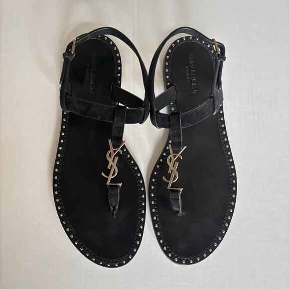 Saint Laurent Cassandra YSL Studded T-Strap Leather Flat Sandals Black Size 42 - Picture 13 of 14